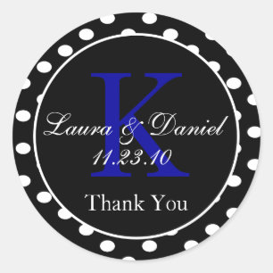 Cute Black White Blue Polka Dots Monogram Favour Classic Round Sticker