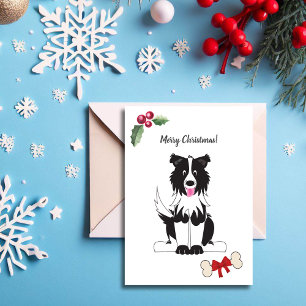 Cute Black White Border Collie Dog Customisable Holiday Card