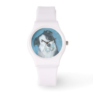 cute black & white border collie with teddy watch