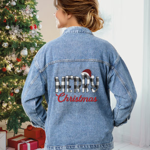 Cute Black & White Buffalo Plaid Merry Christmas Denim Jacket