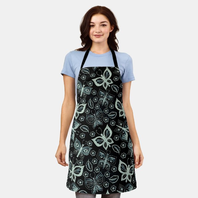 Cute Black & White Butterfly Pattern Apron (Worn)