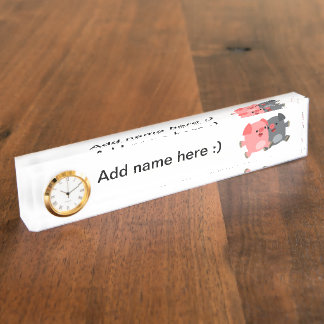 Cute Black&White Cartoon Pigs Clock Desk Nameplate
