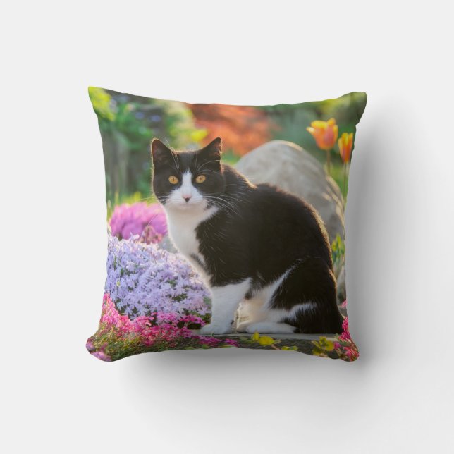 Cute Black White Cat in a Colourful Flowery Garden Cushion (Front)