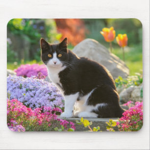 Cute Black White Cat in a Colourful Flowery Garden Mouse Pad