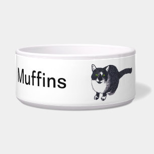 Cute Black White Cat in Pointillism Pet Bowl
