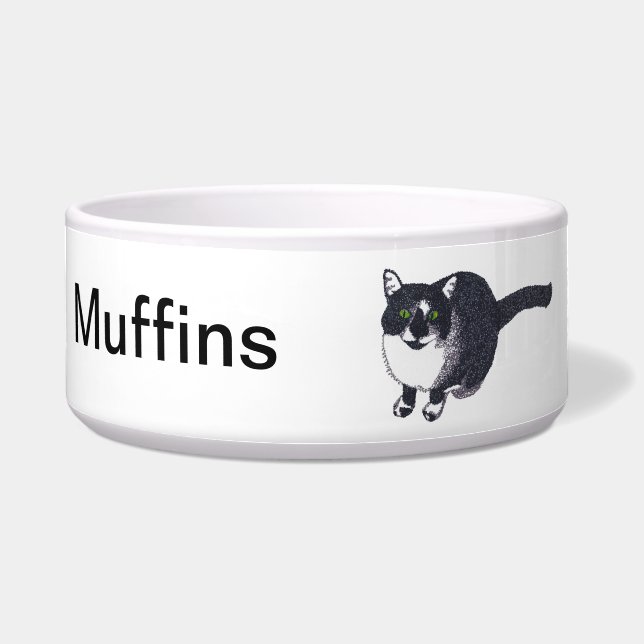 Cute Black White Cat in Pointillism Pet Bowl (Front)