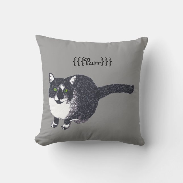 Cute Black White Cat in Pointillism Purr Pillows (Front)