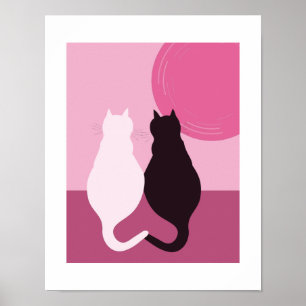 Cute Black & White Cat Pair At Pink Sunset Poster