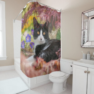 Cute Black-White Cat Resting under a Maple Tree -  Shower Curtain