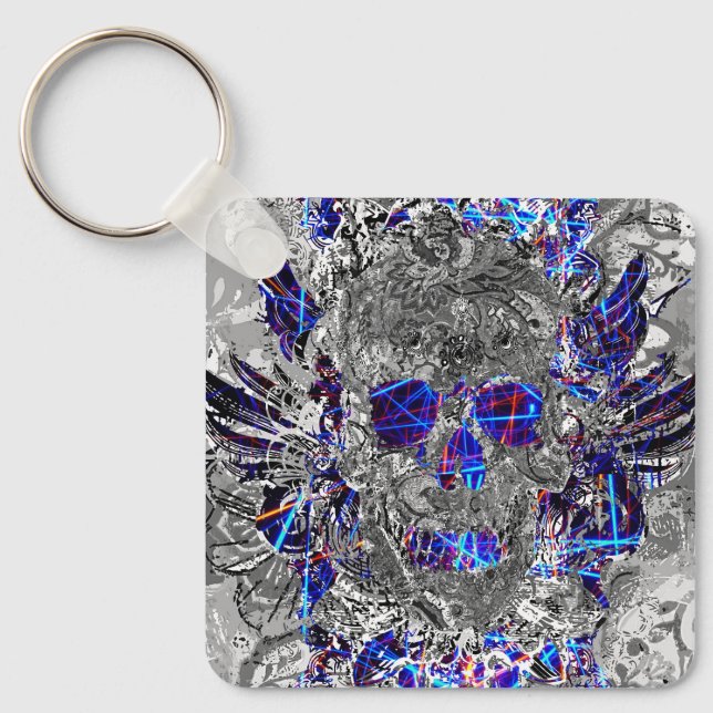 Cute black white colourful neon skull key ring (Front)