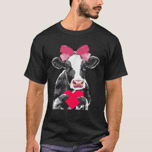 Cute Black White Cow Holding Heart Pink Coquette B T-Shirt