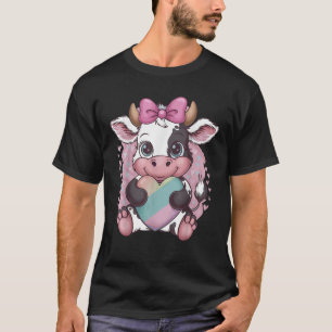 Cute Black White Cow Holding Heart Pink Coquette B T-Shirt