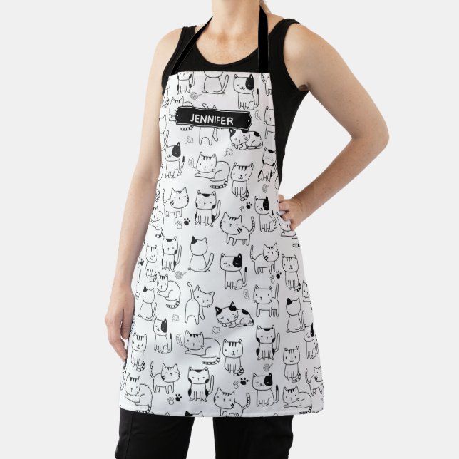 Cute Black & White Doodle Cats Pattern Cat Apron (Insitu)