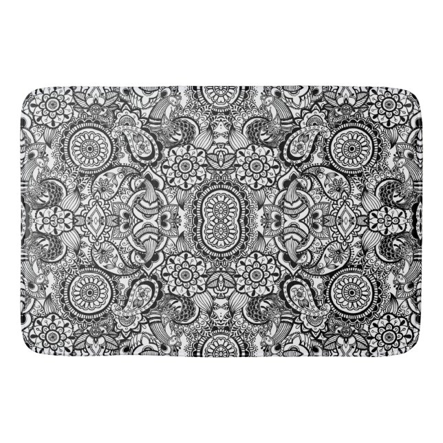 Cute black white floral paisley bath mat (Front)