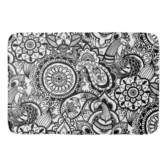 Cute black white floral paisley bath mat (Front)