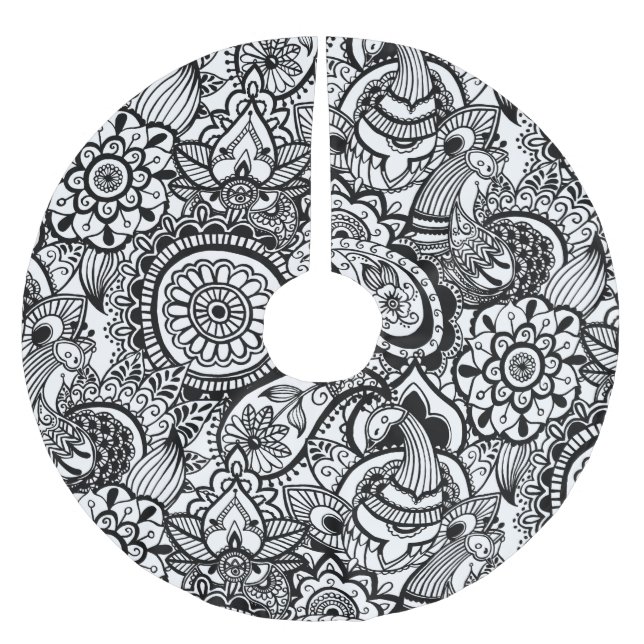 Cute black white floral paisley brushed polyester tree skirt (Front)