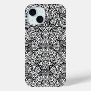 Cute black white floral paisley iPhone 15 case