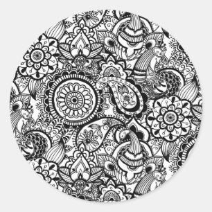 Cute black white floral paisley classic round sticker