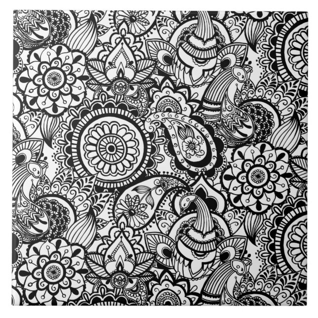 Cute black white floral paisley tile (Front)