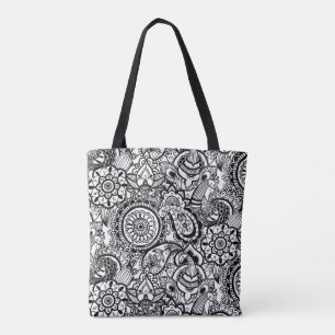 Cute black white floral paisley tote bag