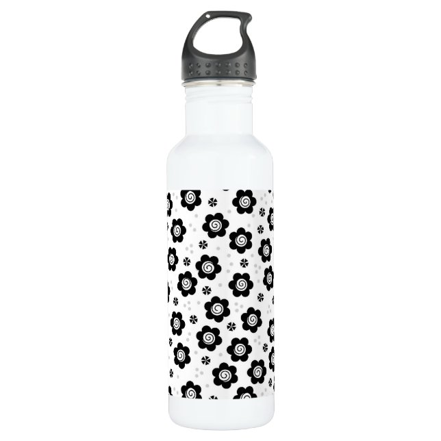 Cute black white flowers 710 ml water bottle (Front)