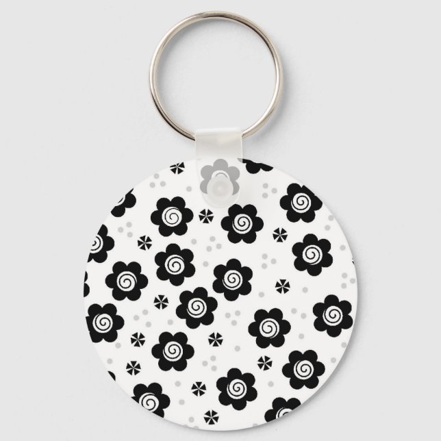 Cute black white flowers Keychain (Front)