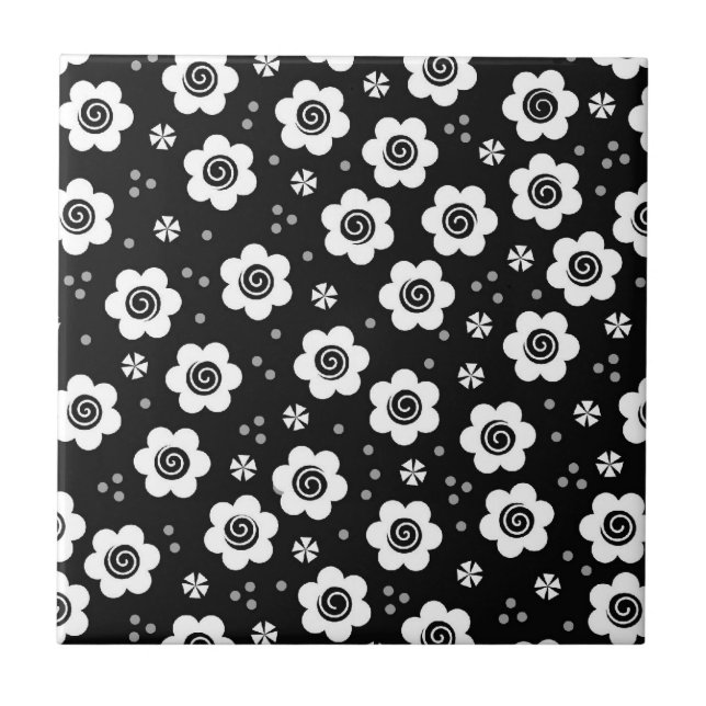 Cute black white flowers Tile (Front)