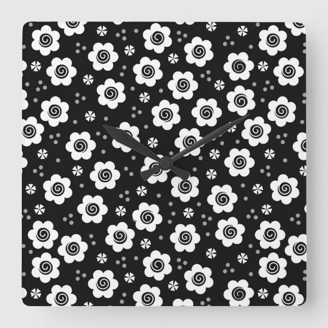 Cute black white flowers Wall Clock (Front)
