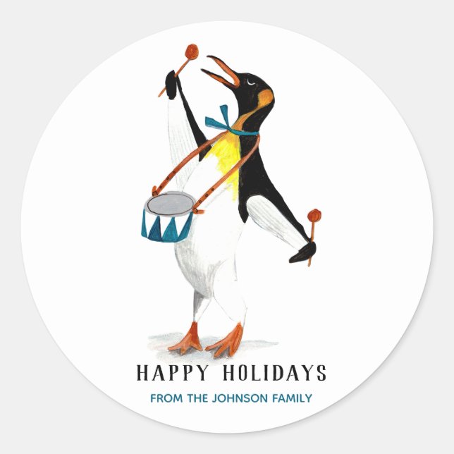 Cute Black&white fun penguin musician with drums Classic Round Sticker (Front)