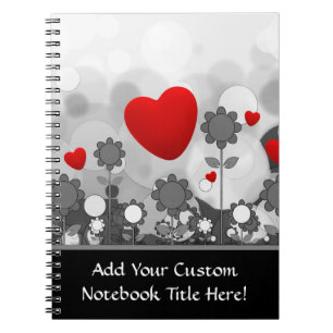 Cute Black/White/Grey Flowers w/Big Red Heart Spiral Notebook