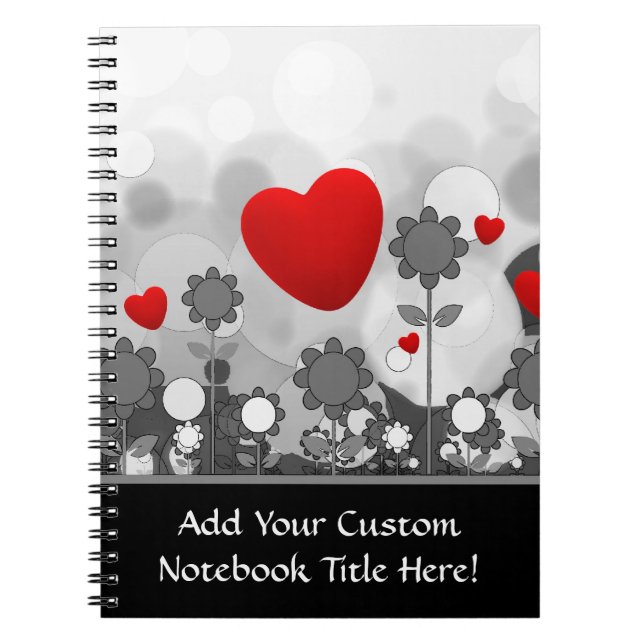 Cute Black/White/Grey Flowers w/Big Red Heart Spiral Notebook (Front)