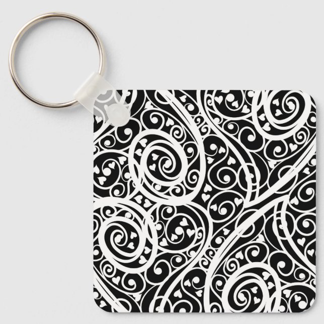 Cute black white hearts pattern key ring (Front)