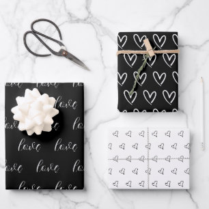 Cute Black White Hearts Pattern Valentine Modern Wrapping Paper Sheet