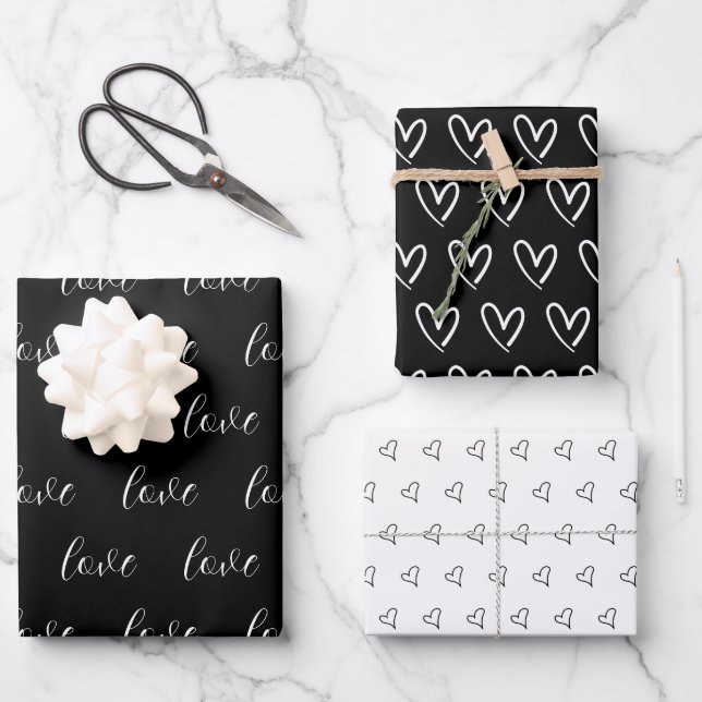 Cute Black White Hearts Pattern Valentine Modern Wrapping Paper Sheet (Front)
