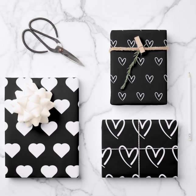 Cute Black White Hearts Pattern Valentine  Wrappin Wrapping Paper Sheet (Front)