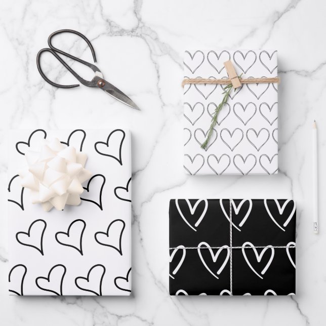 Cute Black White Hearts Pattern Valentine  Wrapping Paper Sheet (Front)