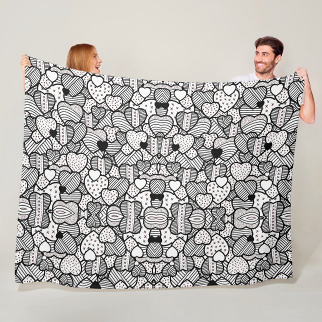 Cute black white hearts patterns fleece blanket (In Situ)