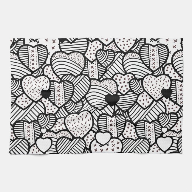 Cute black white hearts patterns tea towel (Horizontal)