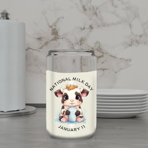 Cute Black & White Kawaii Baby Cow Drinking Milk Can Glass