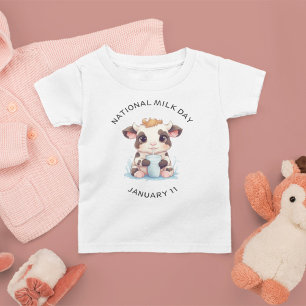 Cute Black & White Kawaii Baby Cow Drinking Milk T-Shirt