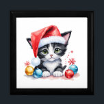 Cute Black & White Kitten in Santa Hat Christmas  Gift Box<br><div class="desc">Adorable black and white kitty wearing Santa’s hat sitting amongst Christmas decorations on this wooden keepsake jewellery box.</div>