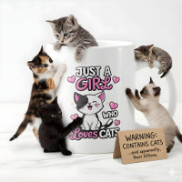 Cute Black & White Kitten & Pink Hearts