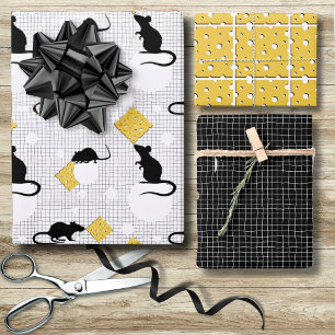 Cute Black White Mouse Rat Swiss Cheese  Wrapping Paper Sheet