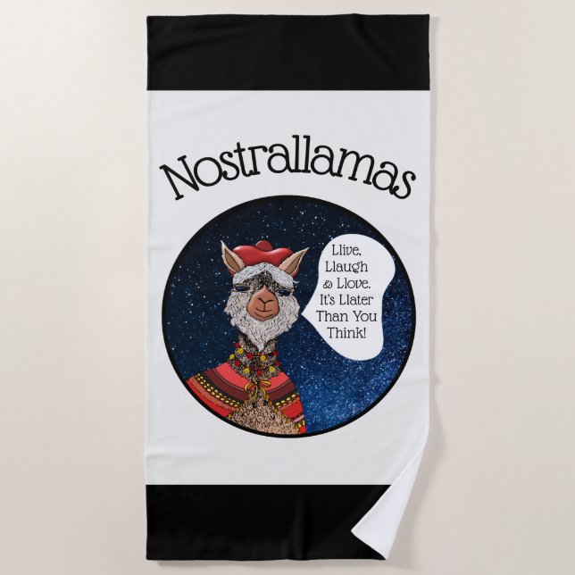 Cute Black White Nostradamus Llama Pool Party Beach Towel (Front)