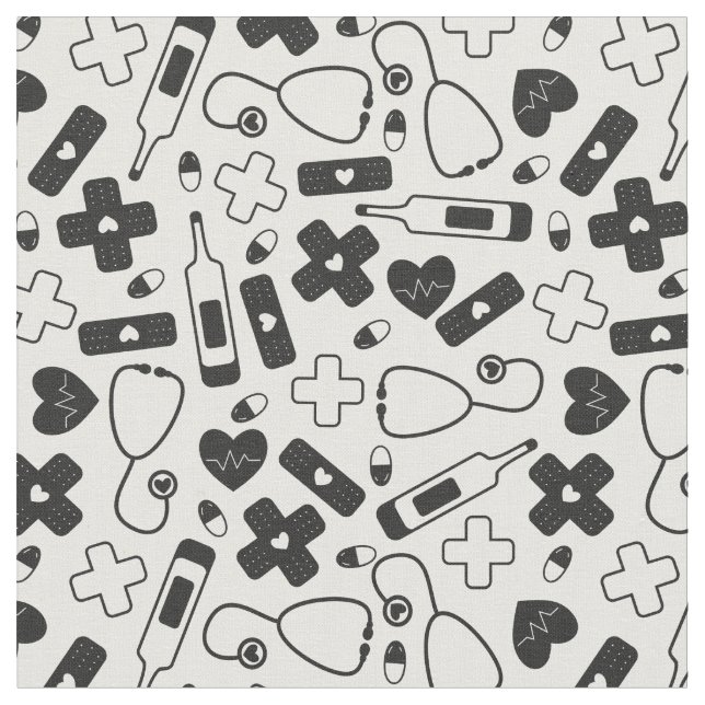 Cute Black White Nurse Doctor Pattern Fabric (Close Up)