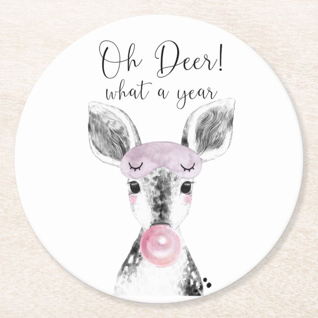 Cute Black & White Oh Deer What A Year Quote Round Paper Coaster (Front)