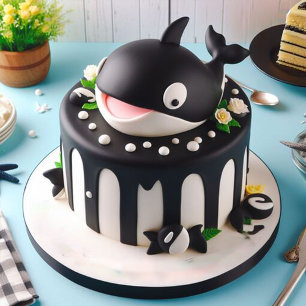 CUTE BLACK & WHITE ORCA WHALE BIRTHDAY CAKE CARD