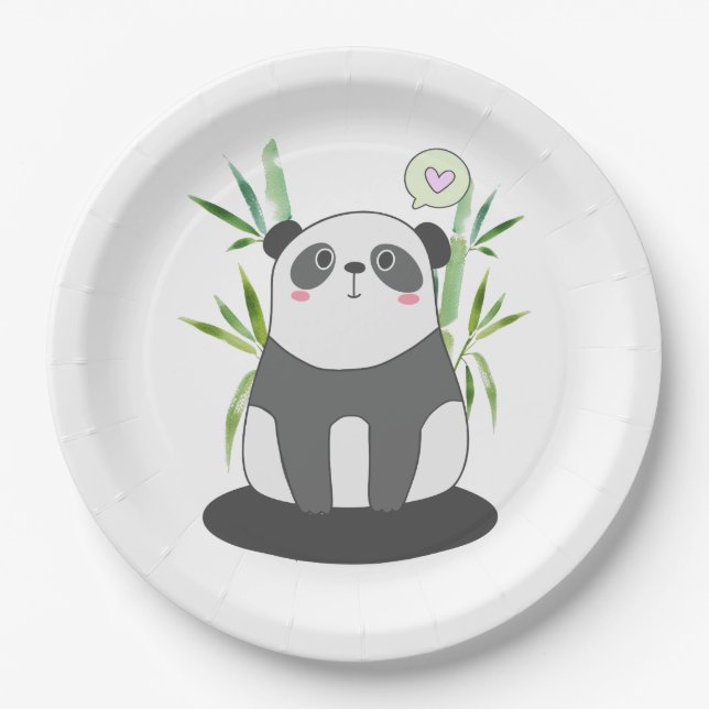 Cute Black & White Panda in Bamboo Paper Plate (Front)