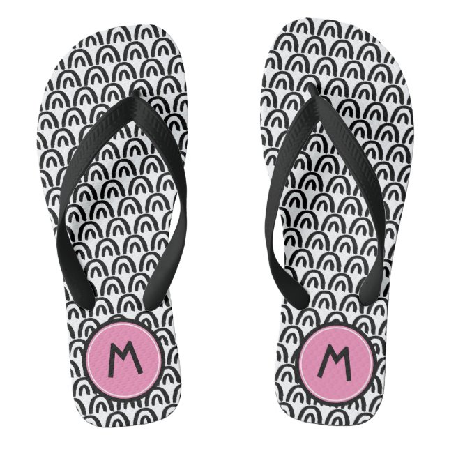 Cute Black White Patten Pink Monogram Jandals (Footbed)