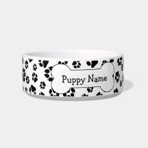 Cute Black & White Paw Prints Bone Name Bowl